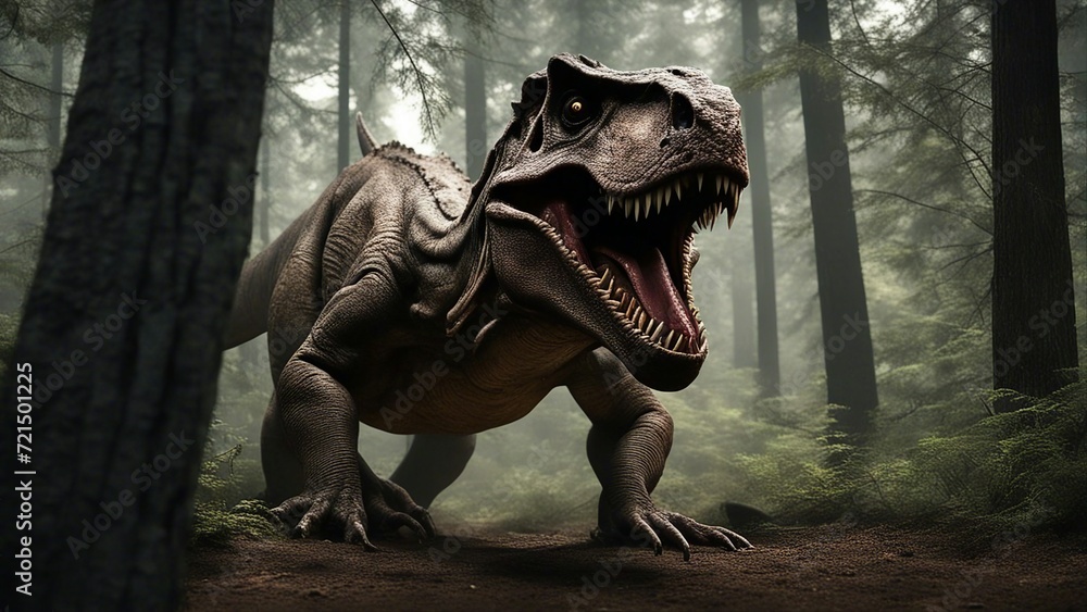 Fototapeta premium tyrannosaurus rex dinosaur The vicious dinosaur was a clue in the mystery case. It had been seen near the crime scene, 