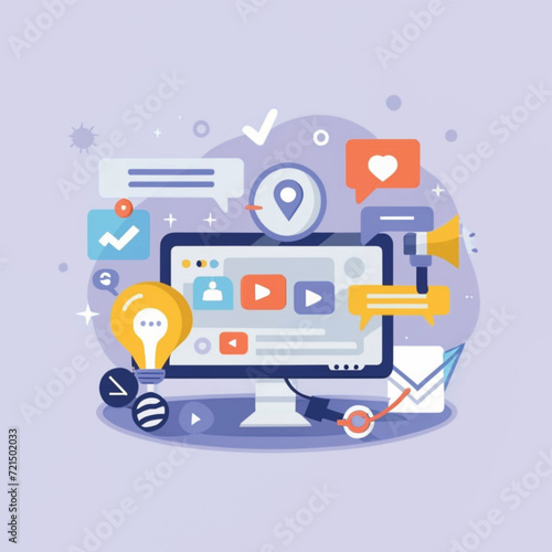 2d vector illustration colorful social media boost , influence blogger E-marketer via Internet pages marketing referral