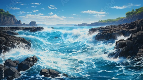 A mesmerizing shot of the cobalt blue ocean, with gentle waves crashing against a rocky coastline