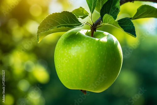 Close up photo of a green apple on a branch