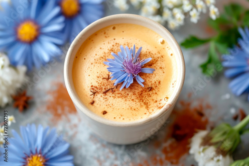 cup of chicory coffee alternative garnished with delicate blue flower, surrounded by floral accents, highlights healthy lifestyle choice, offering visually soothing and caffeine-free beverage option