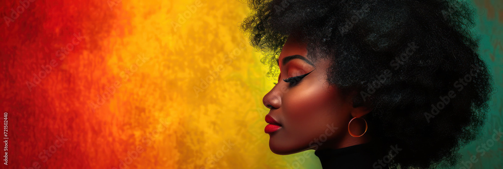 Black History Month banner with African-American woman over red yellow green black colors background.
