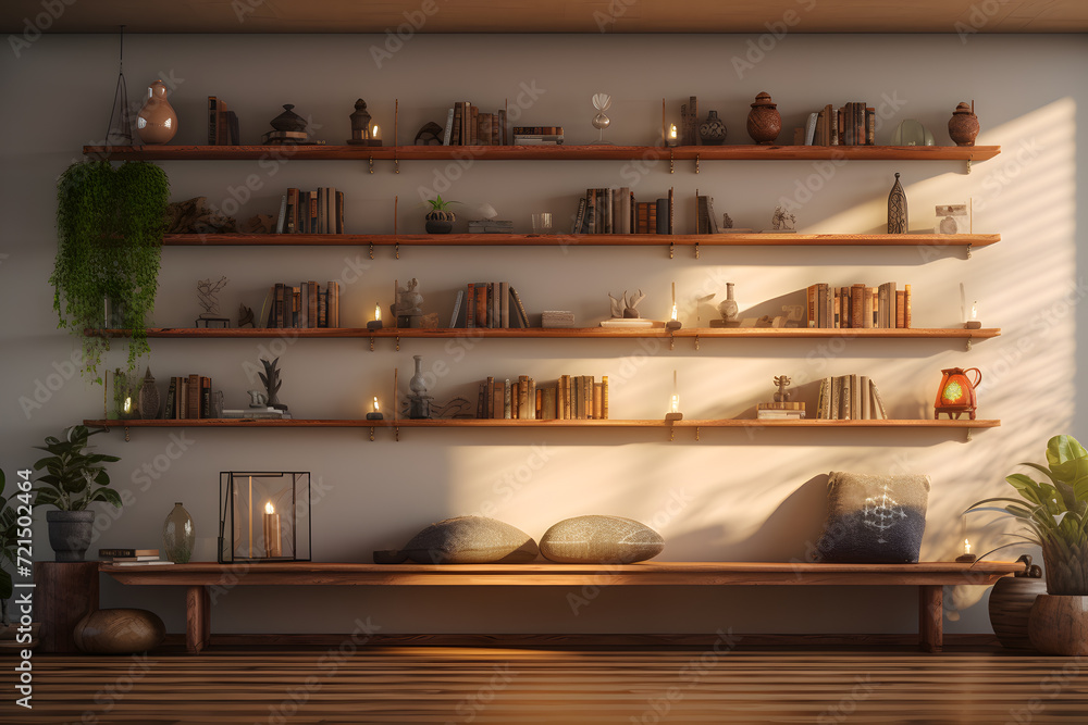 meditation area with a wall of floating shelves