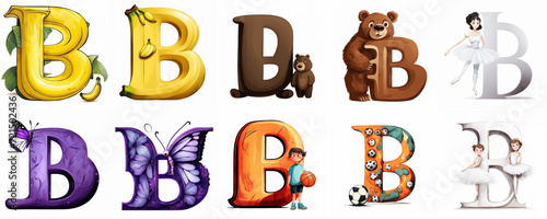 Group of various colourful B letters with pictures of words starting with the B letter. Generative ai illustration. Preschool education theme.