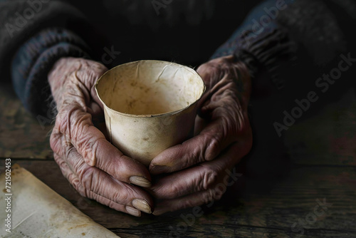 An old man's hands are holding an empty white paper cup. Close-up. Generated AI