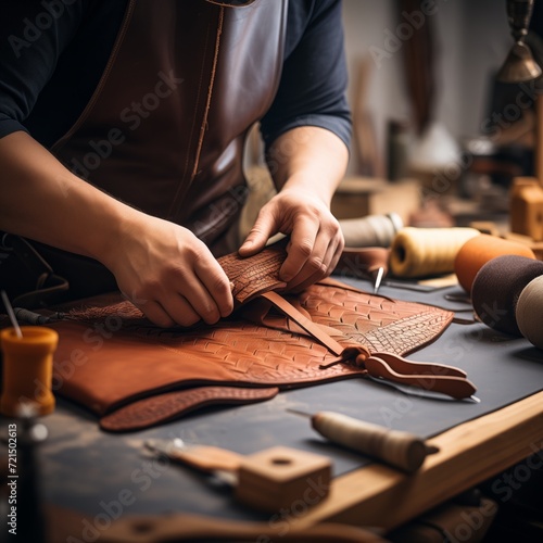 Crafting Elegance: Close-Up View of Leather Tanner Meticulously at Work photo