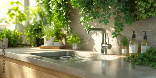 A vibrant tree and a lush houseplant thrive in the outdoor garden, while indoors, a tap trickles water into a sink against the wall photo