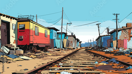 Slum area. A concept illustration of low income people's residential area near railway track
