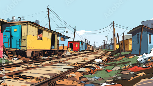 Slum area. A concept illustration of low income people's residential area near railway track