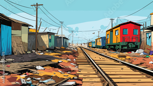 Slum area. A concept illustration of low income people's residential area near railway track