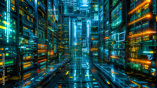 Futuristic digital network connection in a cyber tunnel, symbolizing fast-paced communication and modern technology infrastructure