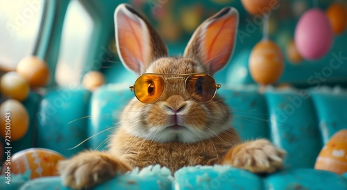 An orange domestic bunny exudes coolness as it lounges indoors, sporting stylish sunglasses to protect its sensitive mammal eyes