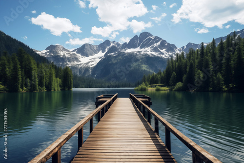 Peaceful wooden dock extending into a serene lake with mountain views © Nina