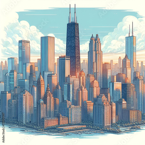 Illustration Drawing Famous Chicago City Urban Cityscape Skyscrapers Tall Skyline Buildings & Towers by Day. Lake Michigan & Downtown, Illinois USA. Lincoln Park Observatory River Essence Jazz Blues