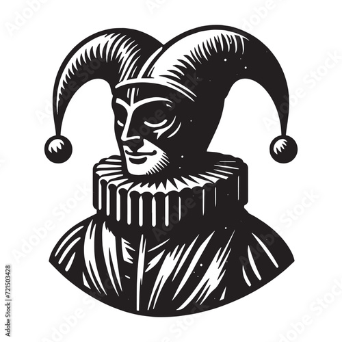 Medieval jester. Vintage engraving vector illustration. Logo, emblem, woodcut. Black and white line art. Isolated object