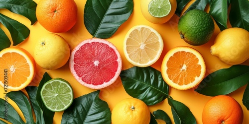 A vibrant group of citrus fruits, including citron, mandarin orange, and grapefruit, with their leafy greens and tangy peels, represent the beauty and nourishment of natural, vegan produce photo