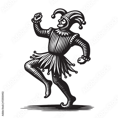 Dancing medieval jester. Vintage engraving vector illustration. Logo, emblem, woodcut. Black and white line art
