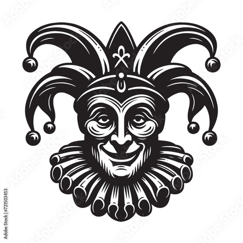 Medieval jester face. Vintage engraving vector illustration. Logo, emblem, woodcut. Black and white line art. Isolated object