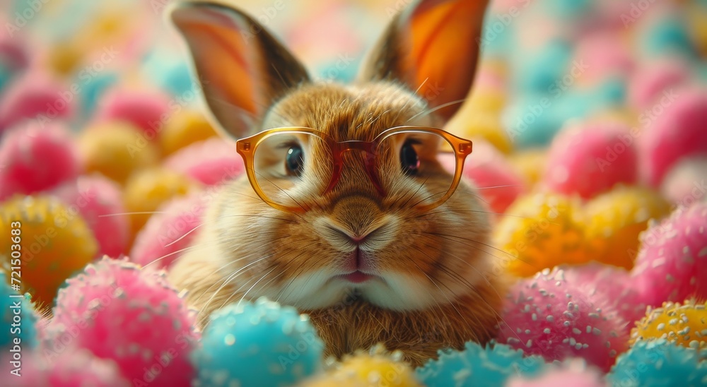 A bespectacled bunny lounges among blooming flowers in its cozy indoor habitat, exuding a charming mix of intelligence and domestication