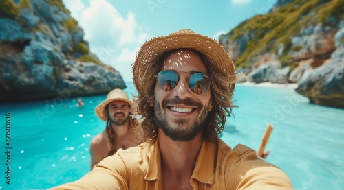 Amidst the picturesque backdrop of a sunny beach and majestic mountain, a carefree man captures a joyful moment with his friend in the background, their smiles reflecting off their fashionable sungla