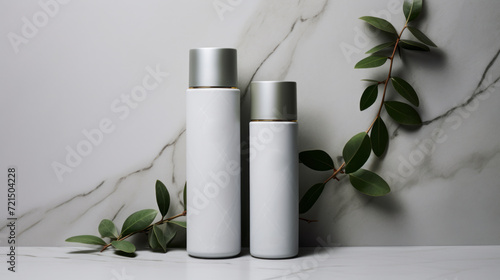 Blank plastic cosmetics containers for cream or shampoo. Cosmetics bottle mockup with tropical leaves.