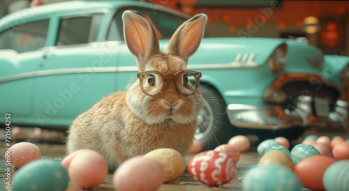 A bespectacled bunny surrounded by a colorful heap of easter eggs  embodying the playful spirit of springtime and the charm of a domesticated mammal in the great outdoors