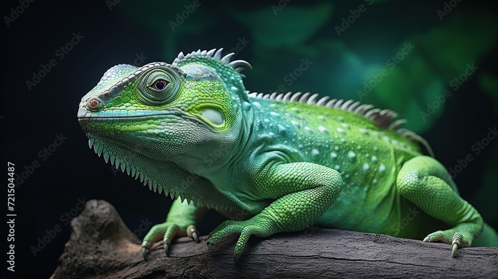 Fototapeta premium Green chameleon close up on a green background UHD Wallpaper