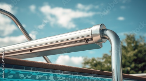 A detailed view of a metal railing located near a swimming pool. This image can be used to depict pool safety or as a background for a resort or hotel brochure