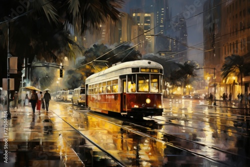 A painting of a trolley on a city street. Can be used for urban-themed designs or transportation-related projects