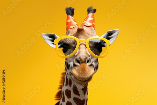 Close up of a giraffe wearing sunglasses. Suitable for summer-themed designs and animal-related projects