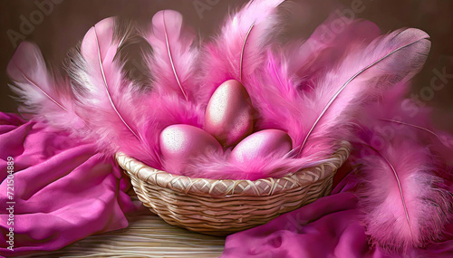 Różowa kompozycja wielkanocna, jajka i pióra w koszyku