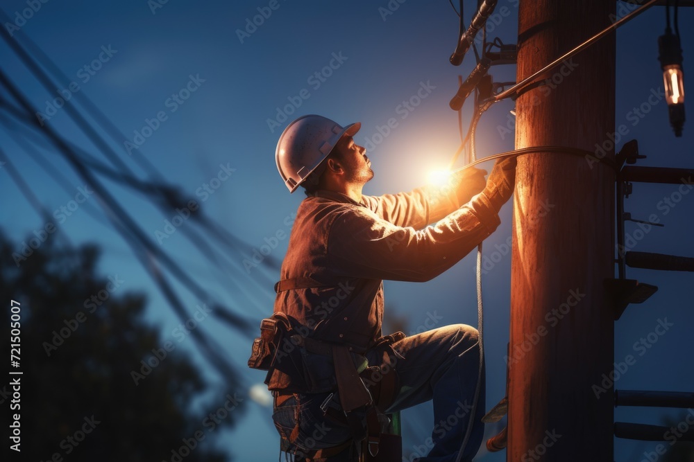 A man standing on a telephone pole with a light on. Suitable for illustrating electrical work or nighttime street scenes - obrazy, fototapety, plakaty 