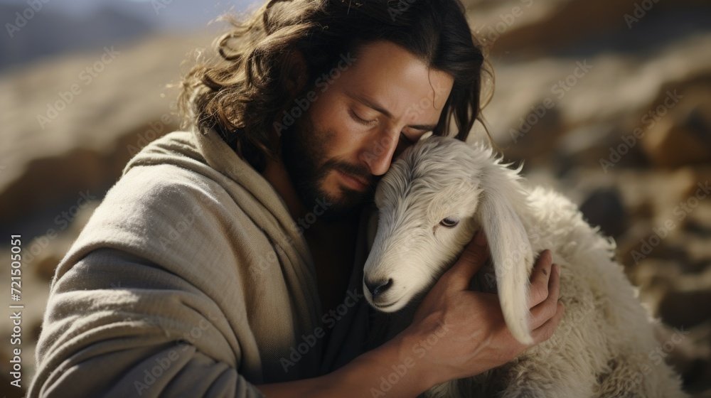 A heartwarming image of a man embracing a sheep in a rugged landscape. Perfect for illustrating the bond between humans and animals. Suitable for various uses A heartwarming image of a man embracing a sheep in a rugged landscape. Perfect for illustrating the bond between humans and animals. Suitable for various uses