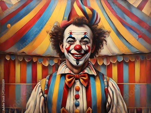 Illustration eines Zirkusclowns vor einem Zirkuszelt im Vintagestil