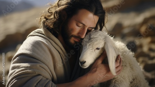 A heartwarming image of a man embracing a sheep in a rugged landscape. Perfect for illustrating the bond between humans and animals. Suitable for various uses