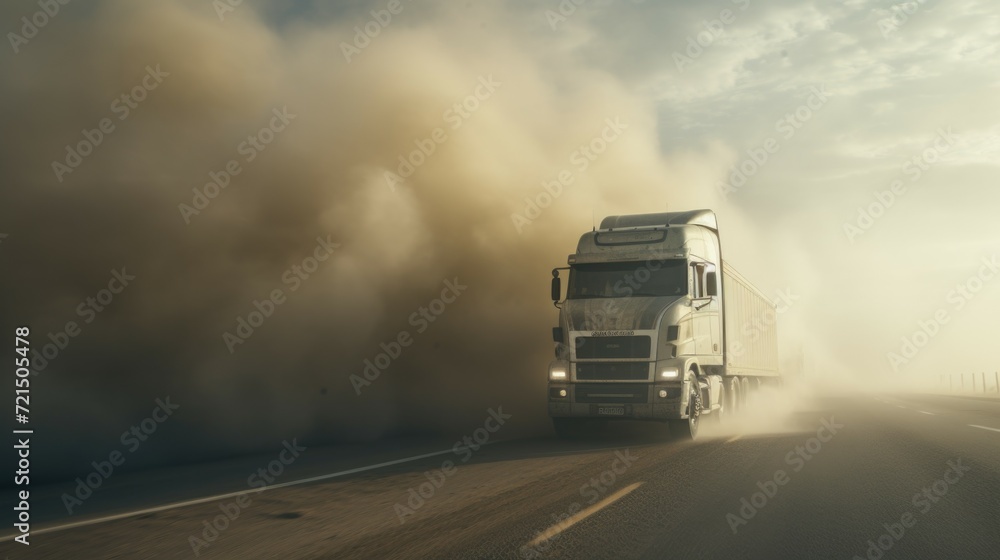 A semi truck driving down a road, kicking up a cloud of dust. Perfect for transportation and industrial concepts