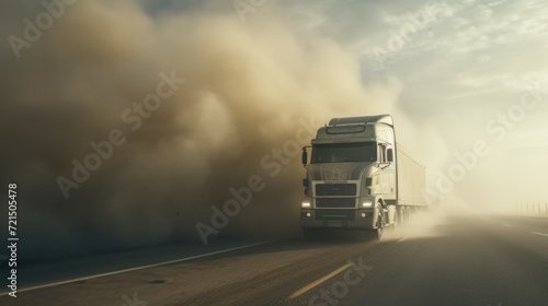 A semi truck driving down a road, kicking up a cloud of dust. Perfect for transportation and industrial concepts