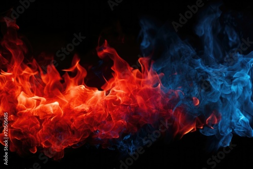 Close-up view of red and blue fire on a black background. Suitable for various uses