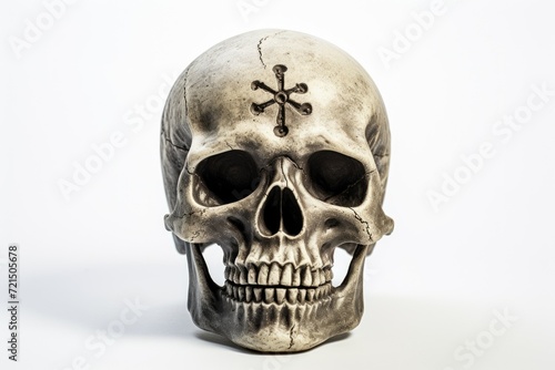 A skull with a cross symbol on its forehead. Can be used for religious or gothic-themed designs
