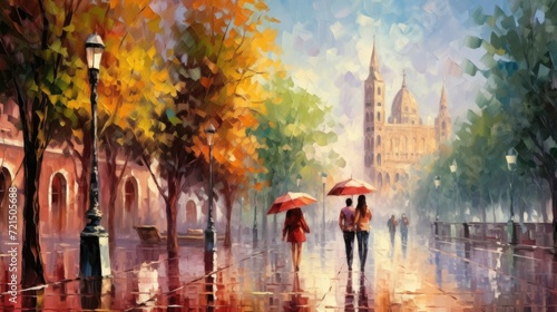 Two individuals walking in the rain, holding umbrellas. This image can be used to depict a rainy day or to symbolize companionship and protection in challenging times