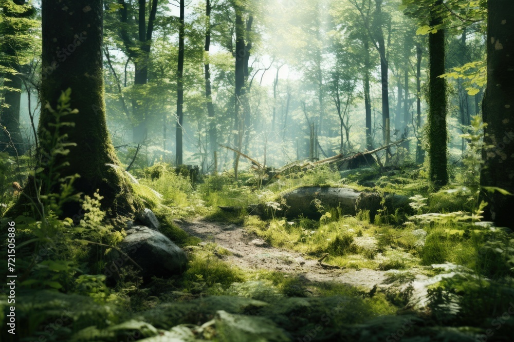 A dirt path winding through a dense forest, surrounded by towering trees. Ideal for nature and hiking-related projects A dirt path winding through a dense forest, surrounded by towering trees. Ideal for nature and hiking-related projects