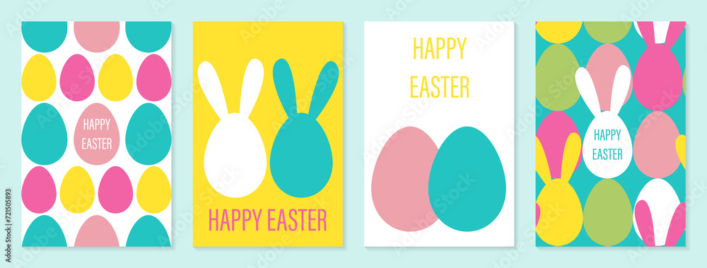 Happy Easter set of posters, cards or covers in modern minimalistic style with eggs and rabbit ears. Trendy cute templates for advertising, branding, congratulations or invitations Happy Easter set of posters, cards or covers in modern minimalistic style with eggs and rabbit ears. Trendy cute templates for advertising, branding, congratulations or invitations