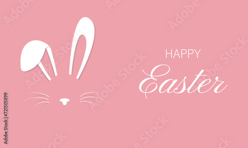 Happy Easter greeting card with white paper cut Easter Bunny isolated on pink background. Festive design. Vector illustration