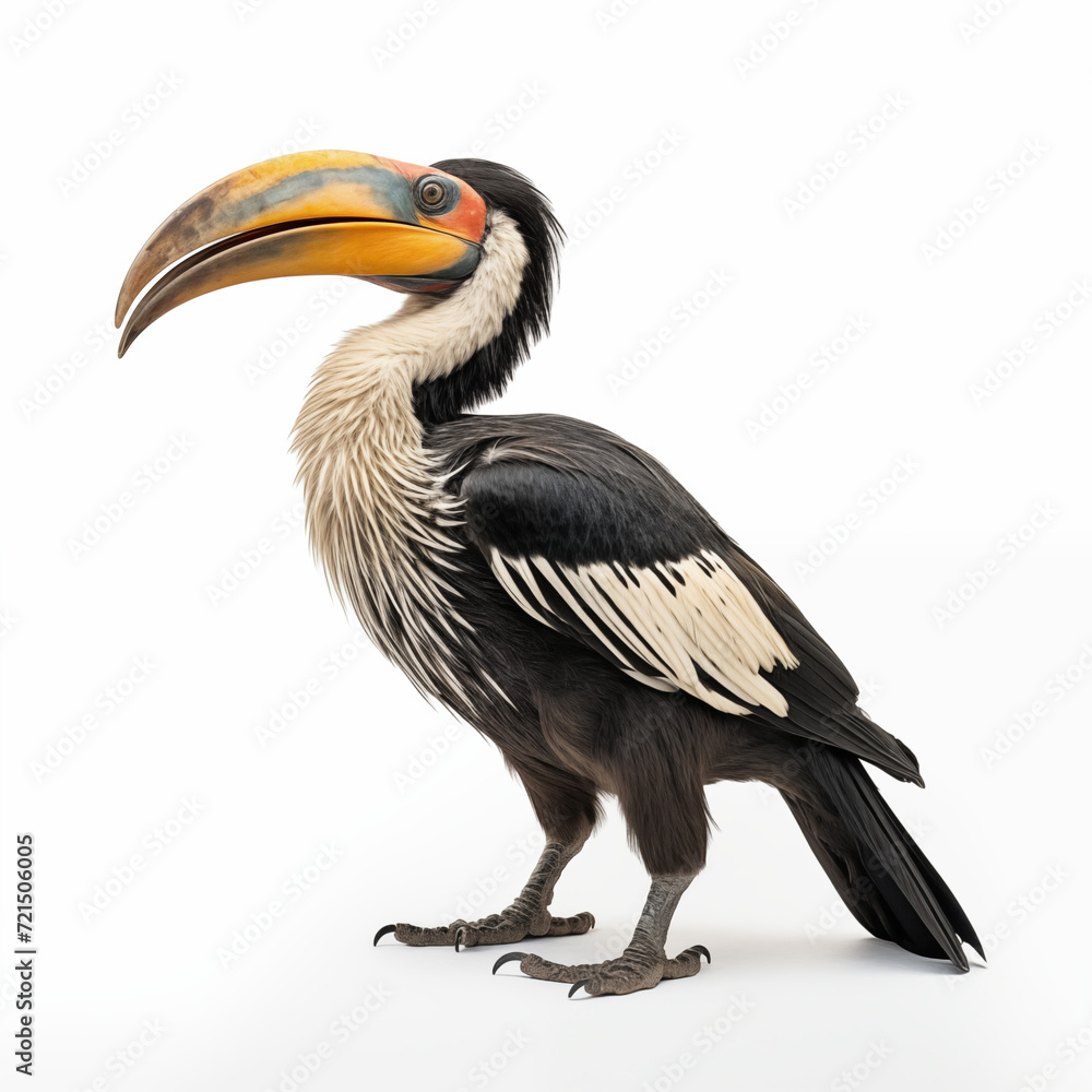 A detailed High quality, portrait image of a Hornbill bird full body placed on a white background. A detailed High quality, portrait image of a Hornbill bird full body placed on a white background.