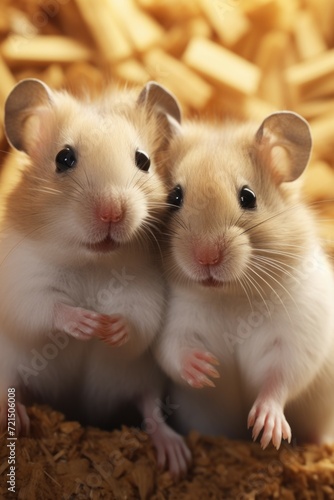 Two adorable hamsters sitting side by side. Perfect for pet lovers and animal enthusiasts