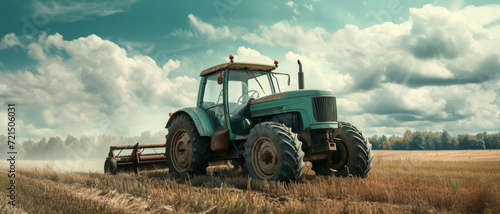 A vintage tractor carves through a golden field under a dramatic sky  evoking the timeless spirit of agriculture