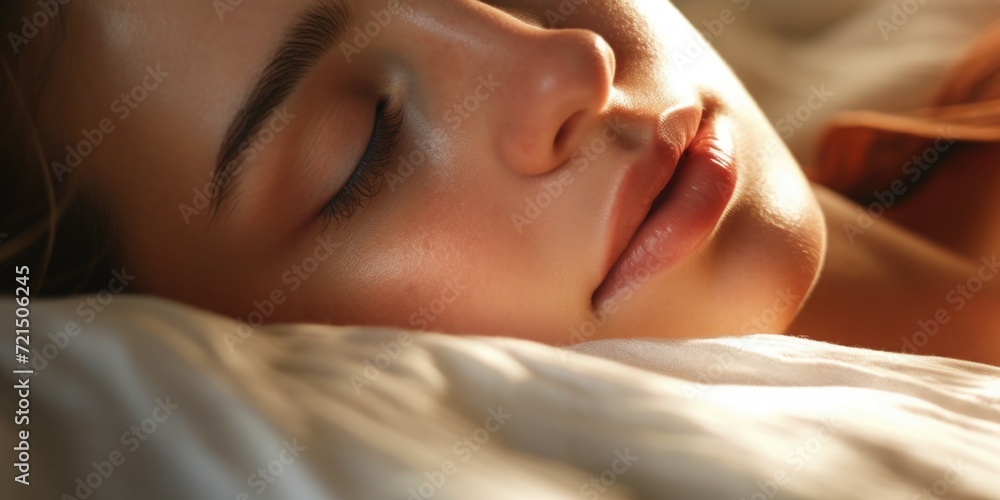A close up view of a person sleeping on a bed. This image can be used to depict relaxation, rest, and sleep