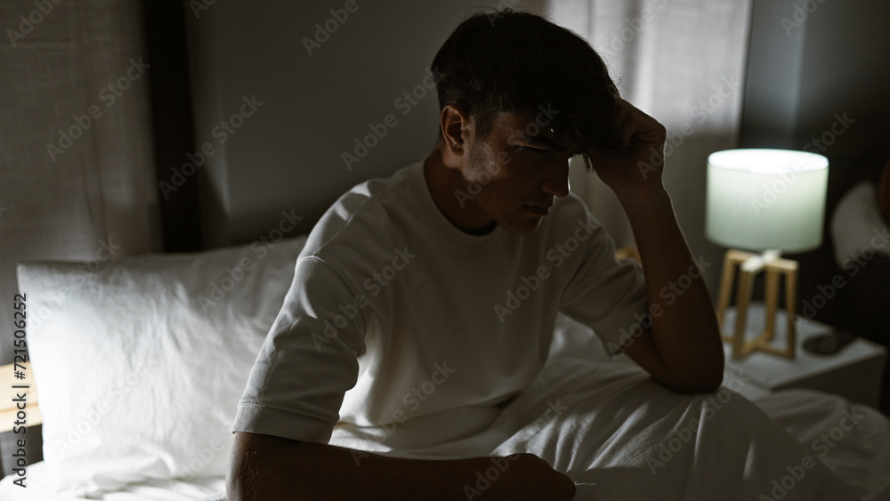 Stressed out young hispanic teen guy desperate in his room, sitting on bed exhausted, wrestling with teenage anxiety in dim lamp-lit bedroom. Stressed out young hispanic teen guy desperate in his room, sitting on bed exhausted, wrestling with teenage anxiety in dim lamp-lit bedroom.