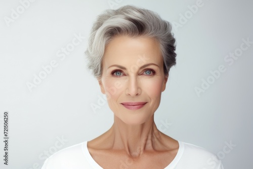A woman with gray hair wearing a white shirt. Suitable for various uses