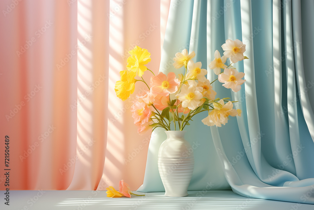 Spring scene with pastel curtains and fresh flowers on a sunny backdrop Spring scene with pastel curtains and fresh flowers on a sunny backdrop